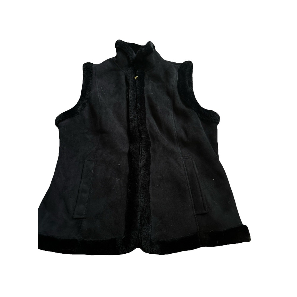 Chaps Womens Medium Faux Suede Fur Vest Black Gold Zipper Winter Layering
